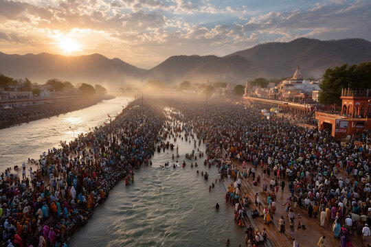 Devotional Sawan and Kanwar Yatra concept showcasing Hindu pilgrims carrying decorated Kanwar, walking with devotion during the holy month of Sawan. The scene represents faith, spirituality, Lord Shiv