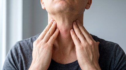 Naklejka premium Close up portrait of a man touching his neck to examine his thyroid gland with his fingers while wearing a grey shirt in a bright room with soft natural lighting.