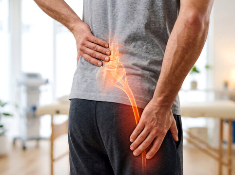 Man standing in a clinic holding his lower back while showing a glowing orange illustration of the lumbar spine and sciatic nerve representing intense discomfort and chronic physical pain symptoms.