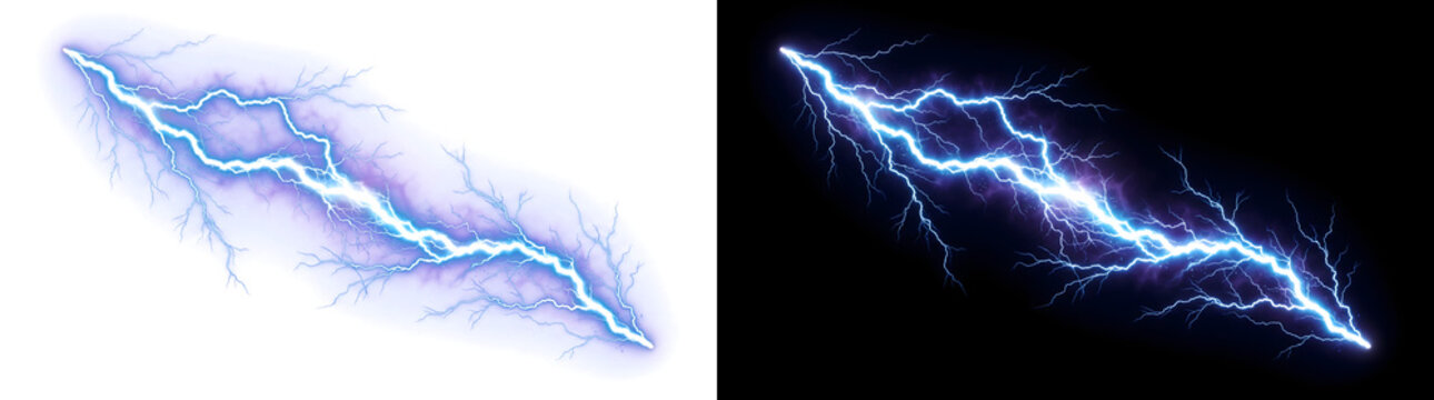 Diagonal lightning bolt strike branching with jagged blue electric veins across dark space perfect for storm themed graphics in PNG, Transparent and Black Background Versions for creative visual use
