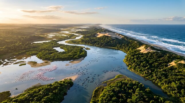 Coastal Confluence: Breathtaking Sunrise Aerial View of iSimangaliso&rsquo;s Lush Wetlands, Coastal Dunes, and Indian Ocean Shoreline Alive with Flamingos and Hippos