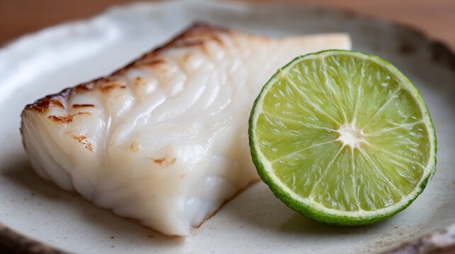 sudachi. A thin slice of green sudachi citrus beside grilled fish on a ceramic plate. menu design, packaging mockups, designed for culinary blogs and recipe cards for restaurants.