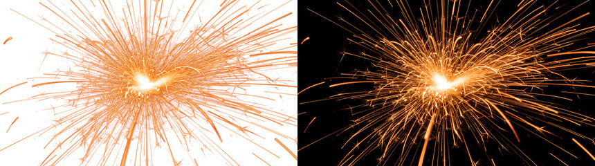 Golden sparkler burst display shooting bright orange sparks in a wide radiant spray perfect for celebration graphics in PNG, Transparent and Black Background Versions for creative festive use © Crafter