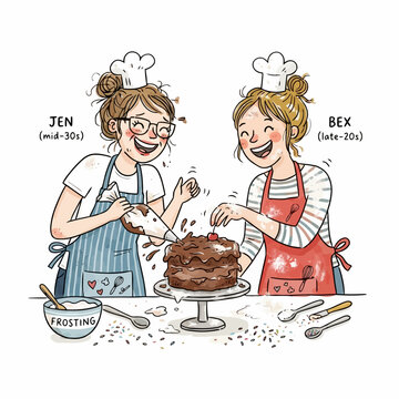 Two women, Jen and Bex, joyfully decorating chocolate cake together in a messy kitchen.