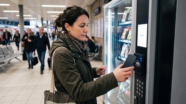Woman uses smartphone for contactless payment at a modern vending machine in a busy transit station