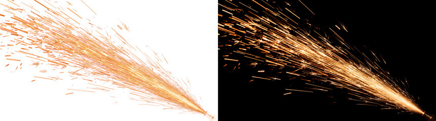 Metal nozzle spark explosion shooting diagonally with bright fiery orange trails perfect for industrial themed graphics in PNG, Transparent and Black Background Versions for creative visual projects © Crafter