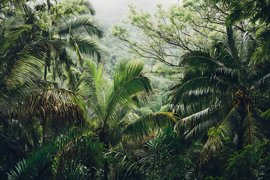Lush Tropical Rainforest Canopy With Dense Green Foliage.