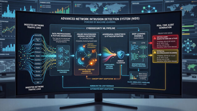 Advanced network intrusion detection system NIDS powered by machine learning on a computer monitor in a cybersecurity lab with various graphs and maps.