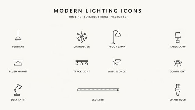 Modern lighting icons set including spotlight, ceiling, floor lamp, table lamp, and downlight with LED strip and smart bulb for interior design