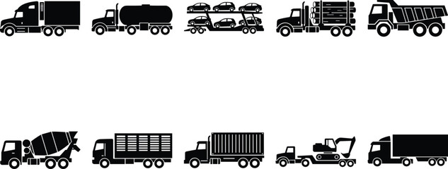 Collection of industrial truck silhouettes featuring cargo transport construction vehicles delivery logistics and heavy duty shipping machines © Lalchan
