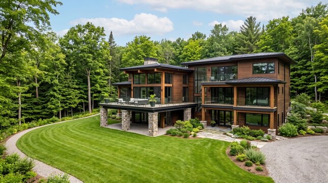 Modern wooden luxury house surrounded by forest