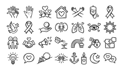 Fototapeta premium Hand Drawn Health and Wellness Icons Set with Hearts, Lungs, Shield, and Awareness Ribbons in Thin Black Lines
