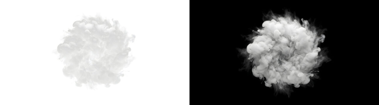 Round smoke puff burst forming a dense spherical cloud with feathery outer edges perfect for explosive impact visuals in PNG, Transparent and Black Background Versions for creative design use