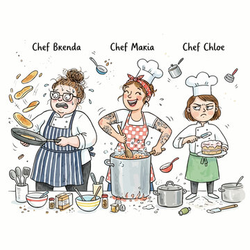 Chefs Brenda, Makia, Chloe in kitchen chaos, Brenda flips pancakes, Makia cooks, Chloe holds cake, funny cooking.