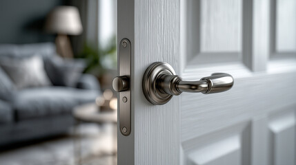 Fototapeta premium Close-up of white door with metal lock and handle viewed from inside home showing living room interior in background 