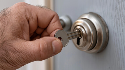Fototapeta premium Hand turning deadbolt lock on entrance door with key securing home access and residential safety