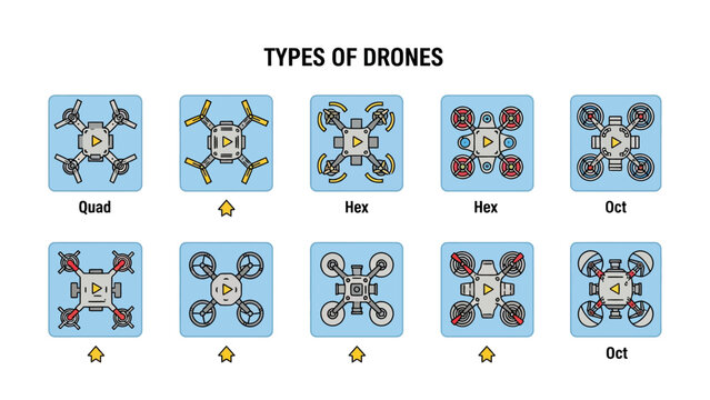 Drone Technology Infographic featuring flat icons of quadcopters, hexacopters, and octocopters, ideal for educational materials and tech blogs.