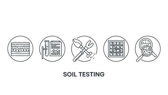 Soil Testing Icon Set featuring minimalist black line art icons for soil layers, lab analysis, and tools on white background ideal for agricultural reports and science blogs.