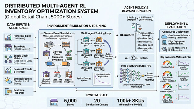 Distributed multi-agent reinforcement learning inventory optimization system for global retail chain with over 5000 stores using data inputs and state space