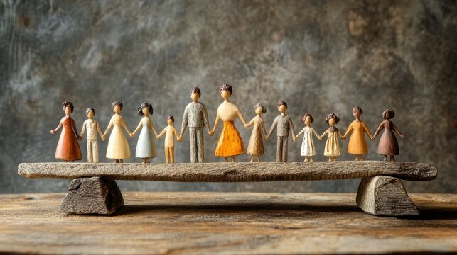 Diverse figurines holding hands on a wooden balance scale, symbolizing unity and equality.