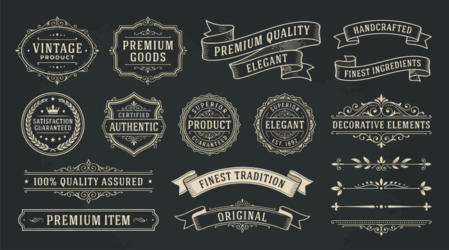 Vintage decorative elements and premium quality labels, retro ornate frames and ribbon banners vector set, elegant chalkboard style branding collection