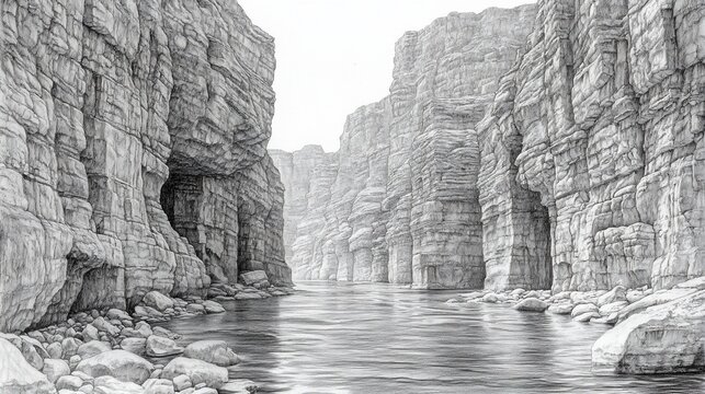 Detailed grayscale drawing of a canyon with a river running through it. The steep cliffs showcase depth