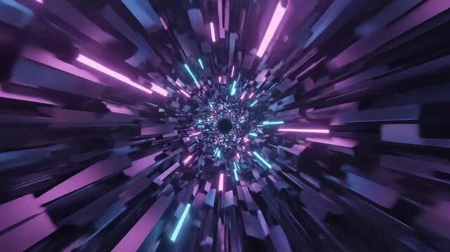 Abstract digital tunnel with fast moving pink and blue geometric shapes and light streaks creating a sense of rapid motion and depth Keywords: abstract, tunnel, digital, geometric, shapes, pink