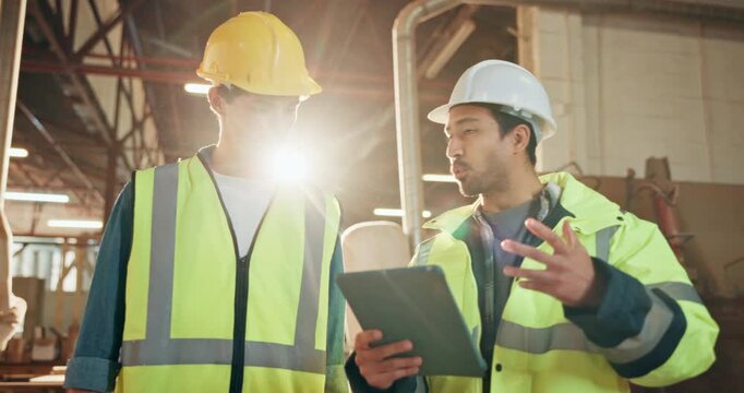 Men, tablet and talking in woodworking workshop for training, mentor and review online floor plan for project. Team, conversation or tech for blueprint, supervisor and carpentry apprentice with flare
