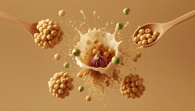 Hummus Splashing from Wooden Spoons on Brown Background