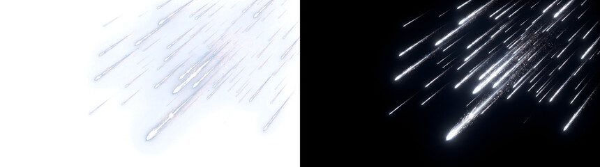 White meteor streak downpour falling diagonally with bright fiery trails across a night sky for cosmic graphics in PNG, Transparent and Black Background Versions for creative visual use © Crafter