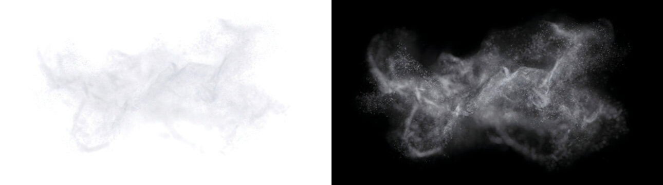 White powder dust explosion swirling with fine particles and misty trails through darkness for cosmetic and beauty visuals in PNG, Transparent and Black Background Versions for creative design use