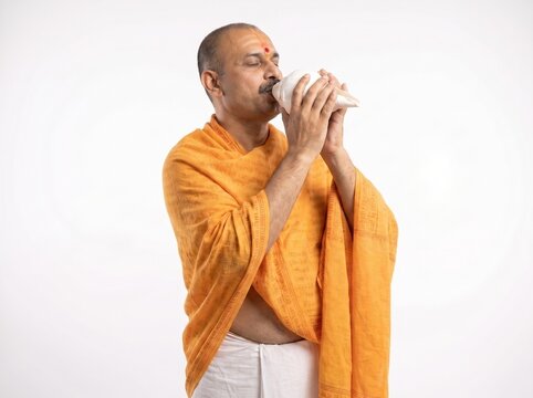 Hindu Priest Blowing Sacred Conch Shell During Religious Ceremony on White Background