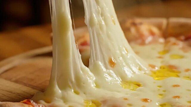 Melted Mozzarella Cheese Pull Macro, Stretchy Pizza Cheese Slow Motion 4K