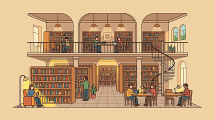 Diverse group of people reading and studying in a warm, inviting two-story library with bookshelves and natural light, perfect for educational or l... © berkot ravot