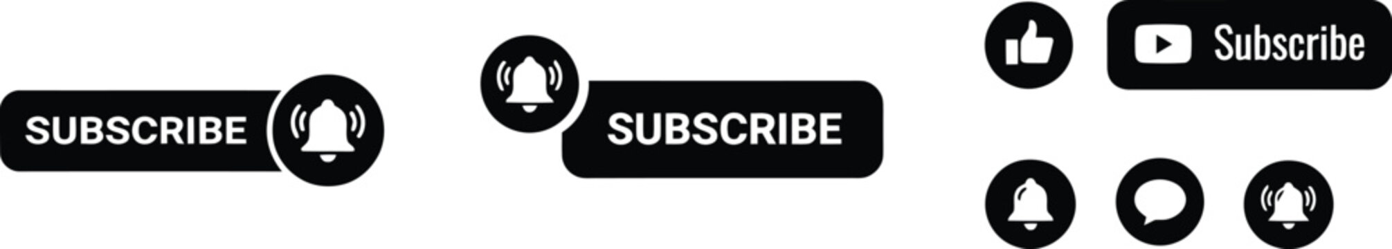 Black and white social media subscribe buttons and notification bell like youtube play button
