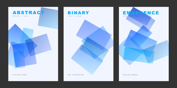 Abstract blue geometric poster set with binary emergence theme, minimalist square composition vector, modern corporate flyer design templates