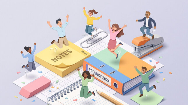 A group of happy and diverse people joyfully jumping around office supplies, celebrating the successful completion of a project, symbolizing teamwork and accomplishment.