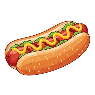 Classic grilled hot dog illustration, gourmet sausage in sesame seed bun with mustard and relish, fast food snack icon isolated on white background