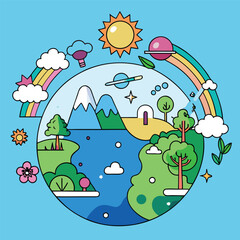 Naklejka premium Stylized Vector Illustration of a Vibrant Earth Planet with Mountains and Nature in a Flat Design