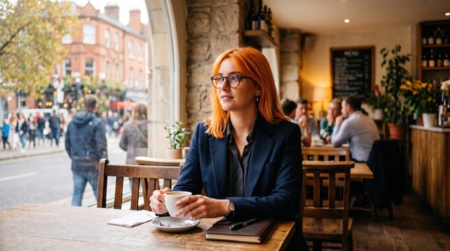 Woman with orange hair wearing glasses and blazer seated at cafe table holding cup of coffee looking thoughtfully out window in urban street scene