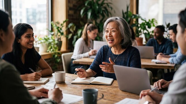 Elderly woman leading creative meeting in co working space smiling and energetic while colleagues take notes and collaborate