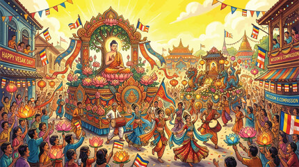 Fototapeta premium Vibrant Buddhist Festival Parade with Procession, Devotees Celebrating Vesak Day in Asian Town with Decorative Floats and Lanterns, Cultural Event ...