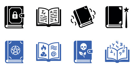 Set of magic book icons with spells and fantasy symbols in flat black and blue graphic design style Vector, illustration © Sumon Sorkar