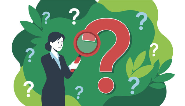 Businesswoman holds a magnifying glass to investigate a large question mark representing problem solving and analysis.