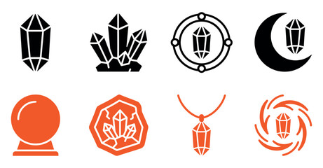 Set of black and orange magic crystal icons and mystical gemstone symbols for fantasy game graphic design Vector, illustration © Sumon Sorkar