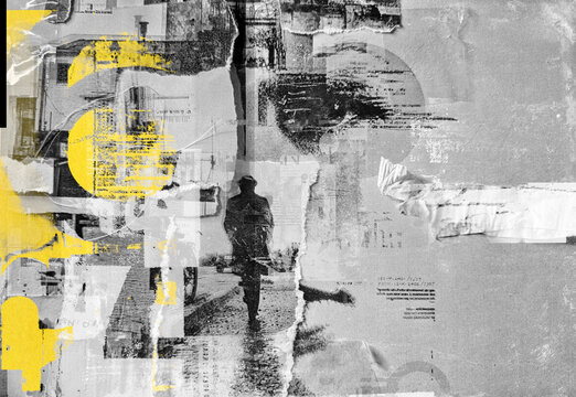 Mental health depression isolation, mixed media collage. Psychological state concept: loneliness, anxiety, memory loss, identity crisis. Creative design for psychology, editorial, social issues