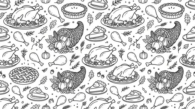 Thanksgiving day food seamless pattern traditional turkey dinner with pumpkin pie and cornucopia