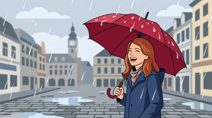 Cheerful Woman With Red Umbrella Laughing in Rainy European City Square with Puddles and Cobblestones © berkot ravot