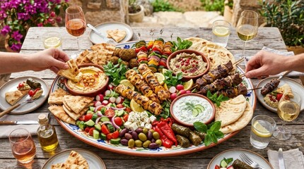 Obraz premium Abundant Mediterranean mezze platter with grilled meats and fresh salads shared outdoors