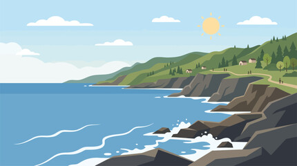 Coastal Landscape with Rolling Green Hills, Rocky Shoreline, and Blue Ocean Under a Sunny Sky, Serene Scenic Vista for Travel and Nature Themes © berkot ravot